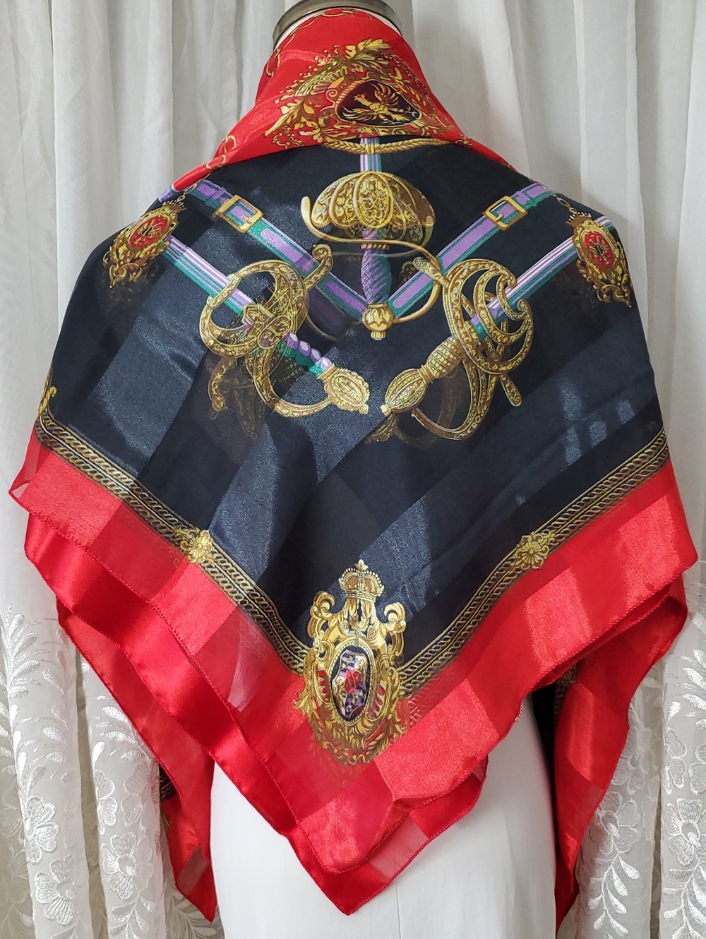 Vintage Satin Scarf EQUESTRIAN HORSE Baroque Belt Scrolls LARGE 38" SQUARE